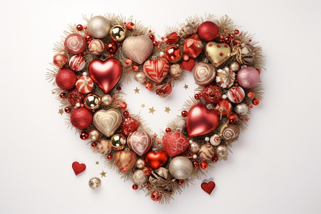 Couronne en forme de coeur créée avec des décorations de Noël sur fond isolé