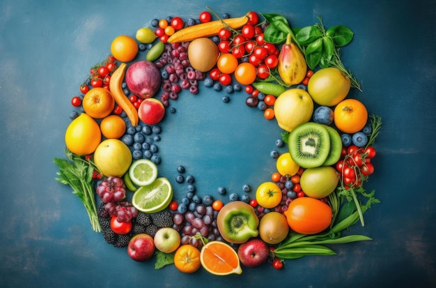 Une couronne de fruits et légumes est représentée sur un fond bleu.