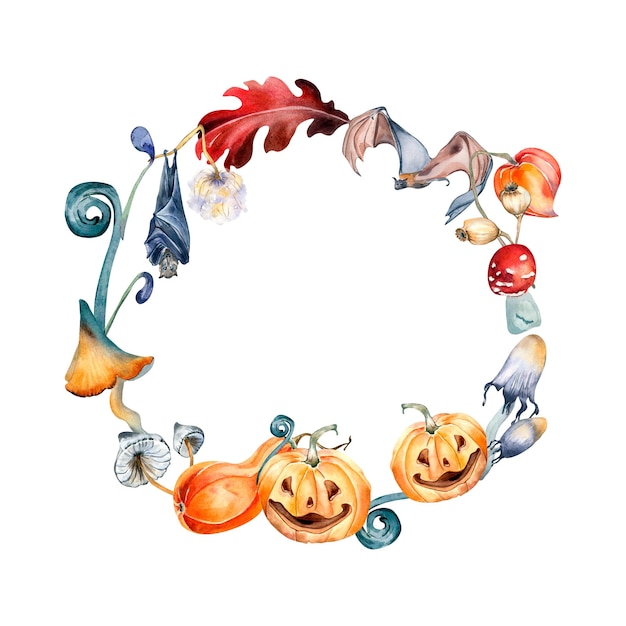 Couronne d'Halloween avec illustration aquarelle de citrouilles colorées isolée sur blanc