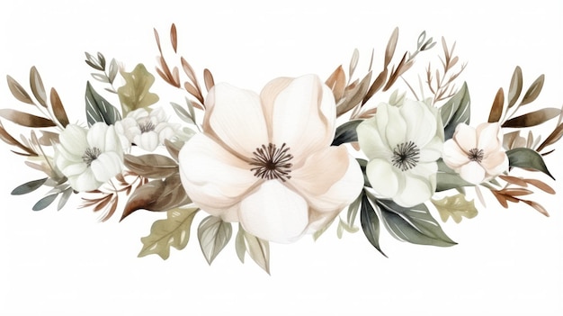 Couronne d'hiver élégante avec des fleurs blanches et un cadre aquarelle