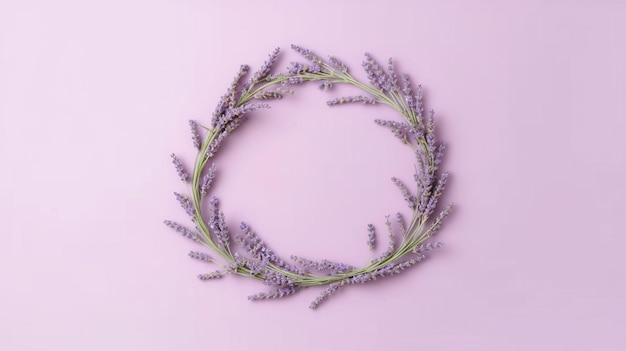 Couronne IA générative de branches de lavande fleurs avec espace de copie cadre floral organique naturel fond violet