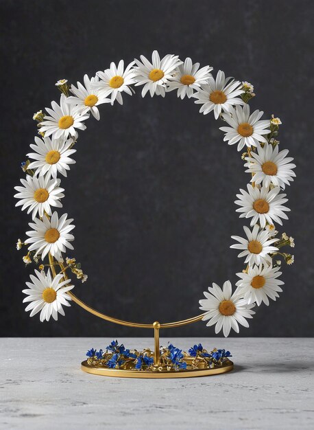 une couronne de marguerite blanche avec des perles bleues et des accents dorés