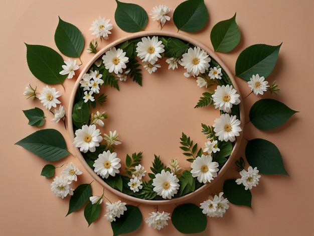 Photo une couronne avec des marguerites blanches et des feuilles vertes