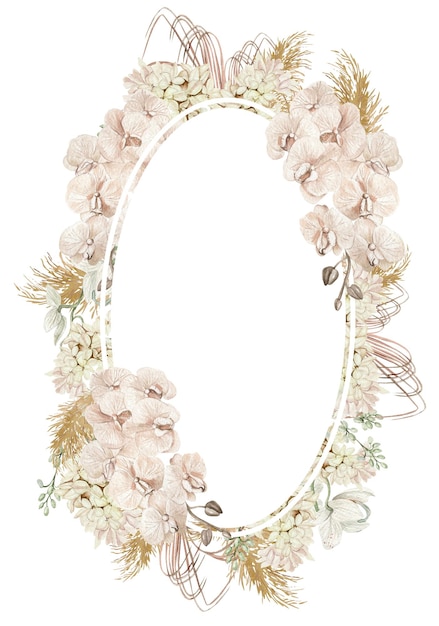 Couronne de mariage aquarelle avec fleurs boho et feuilles séchées Illustration