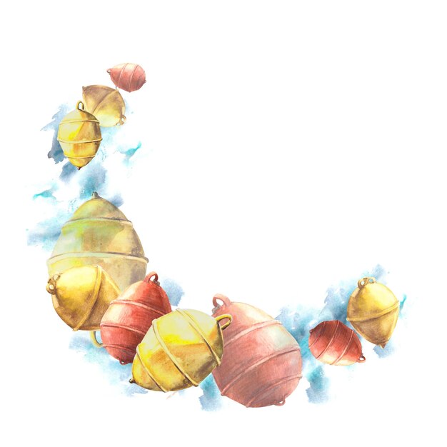 Couronne marine aquarelle avec bouées rouges et jaunes dans l'eau de mer illustration dessinée à la main sur un