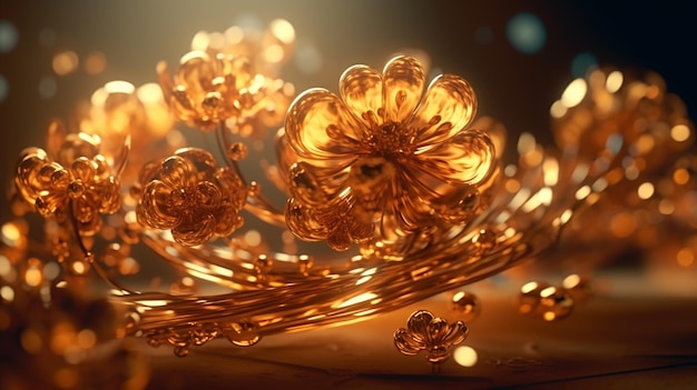 Une couronne en métal doré et or avec une couronne de fleurs dessus.