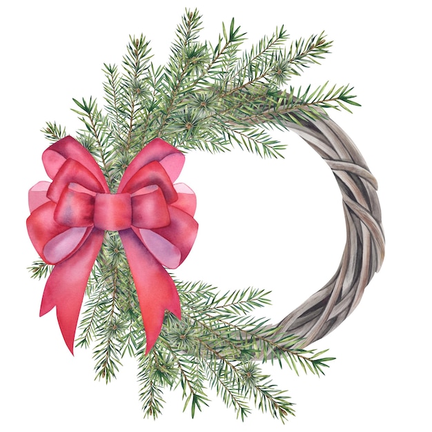 Couronne de Noël avec un arc rouge Branches d'épinette Illustration aquarelle sur fond blanc Nouvel An et Noël