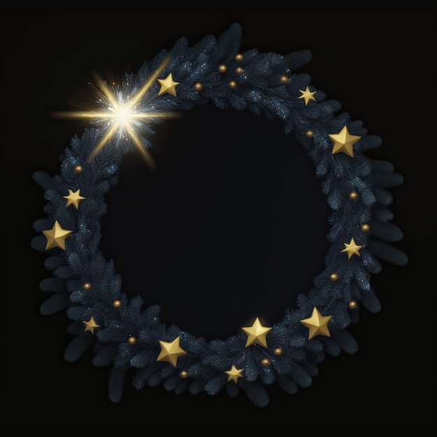 Photo une couronne de noël bleue avec des étoiles dorées sur un fond noir avec une étoile brillante au centre