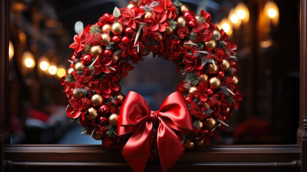 Couronne de Noël avec boules rouges et lumière de fond chaude