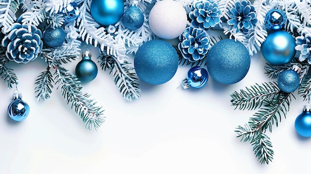une couronne de Noël avec des décorations bleues et blanches sur un fond blanc