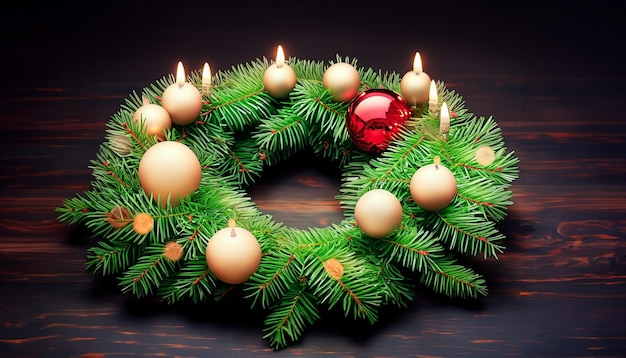 Une couronne de Noël faite de branches de pin, de boules de verre et de bougies allumées.