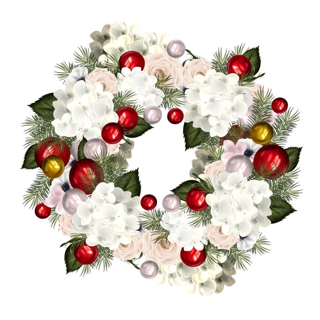 Couronne de Noël avec des fleurs et des jouets. Illustration