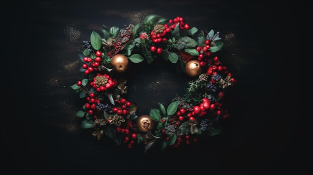 Une couronne de Noël sur fond noir