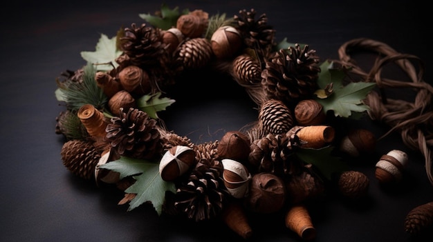 Une couronne de noël avec des noix et des feuilles dessus