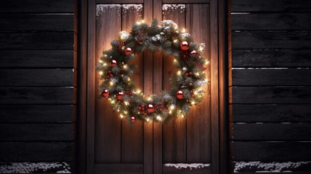 Une couronne de Noël sur une porte d'entrée en bois