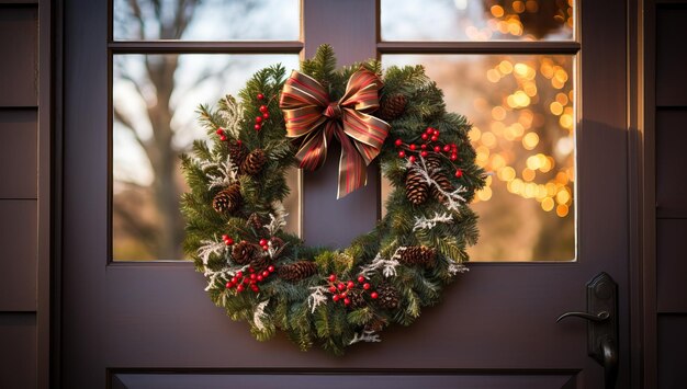 Couronne de Noël sur la porte d'une maison Décoration de Noël