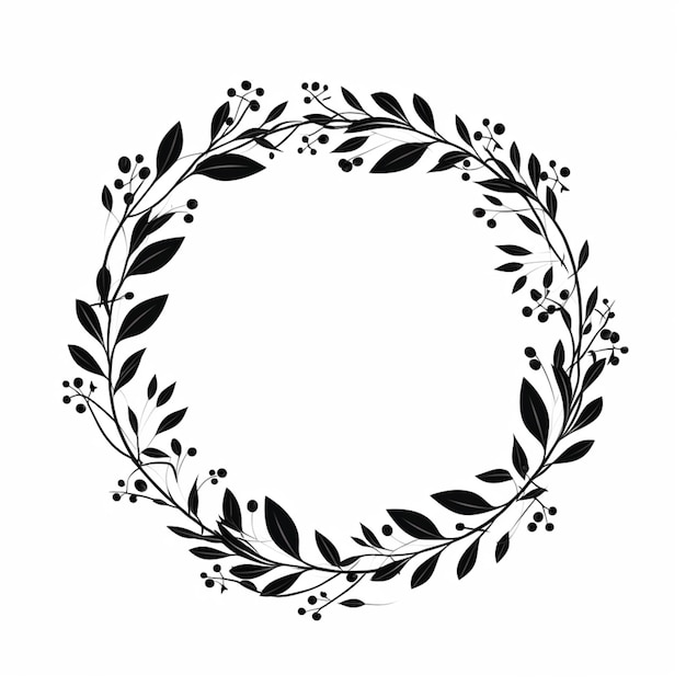 une couronne noire et blanche avec des baies et des feuilles sur un fond blanc
