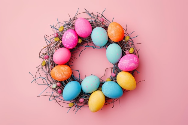 Une couronne d'œufs colorée sur un fond rose