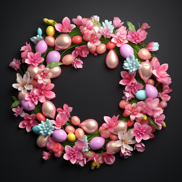 Une couronne d'œufs de Pâques colorés avec des fleurs de printemps