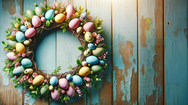 Une couronne d'œufs de Pâques décoratifs colorés sur un fond en bois bleu clair