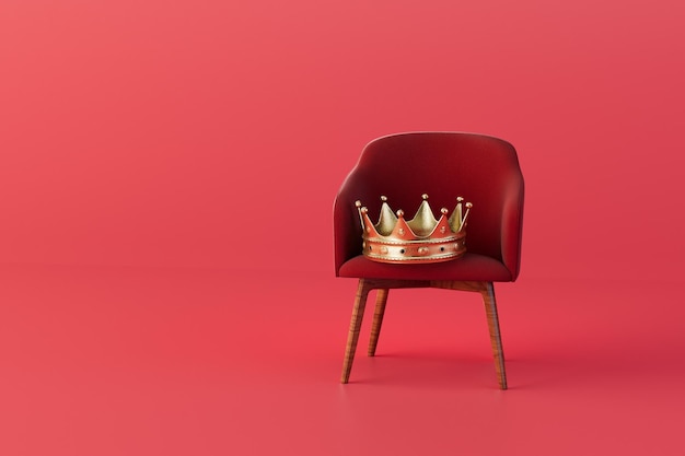 Une couronne d'or sur une chaise rouge sur un fond rouge copier coller copie espace rendu 3D