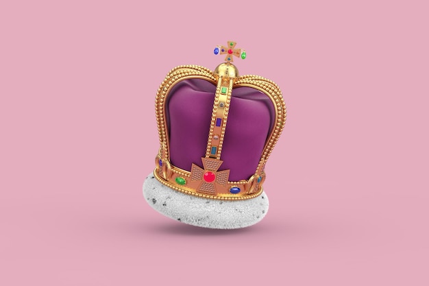 Photo la couronne d'or du couronnement royal avec des diamants sur un fond rose rendering 3d