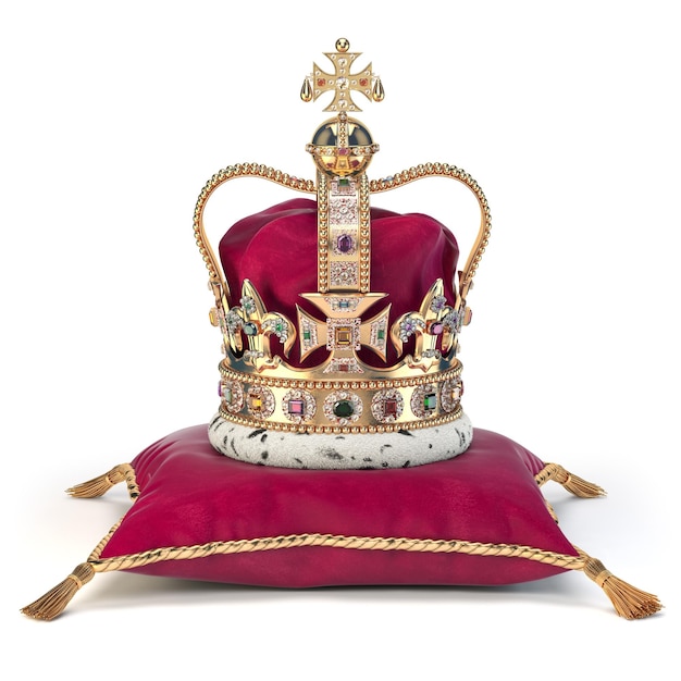 Couronne d'or sur l'oreiller de velours rouge pour couronnement symbole royal de la monarchie britannique britannique