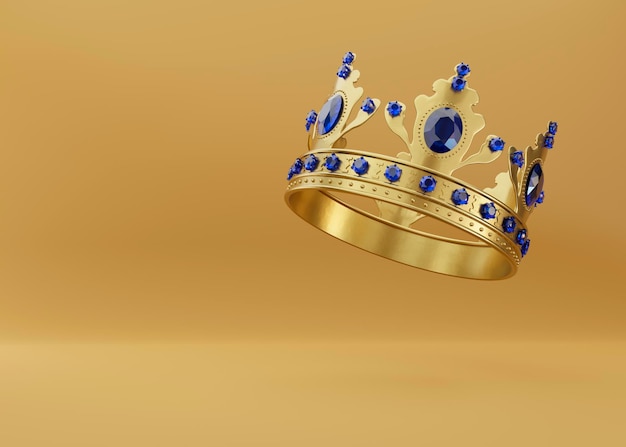 Couronne d'or royale 3d avec diamants bleus sur fond d'or Icône de couronne d'or roi texturé rendu 3d