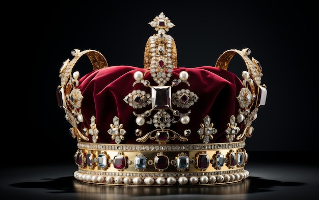 Une couronne d'or royale avec une couverture de velours rouge