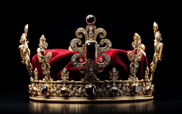 Une couronne d'or royale avec une couverture de velours rouge