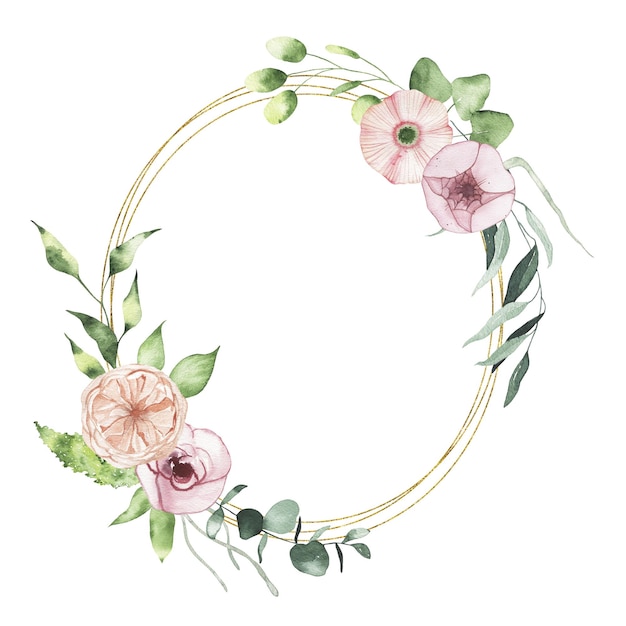 Couronne ovale géométrique dorée florale Saint Valentin aquarelle avec verdure rose
