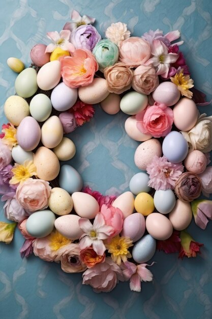 Couronne de Pâques décorative avec des œufs et des fleurs de couleur pastel créée avec une IA générative