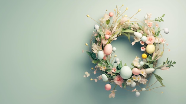 Couronne de Pâques faite d'œufs de Pâque fleurs et baies couleurs pastel vue supérieure rendu 3D