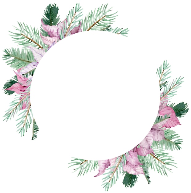 Couronne de poinsettia de Noël aquarelle avec des branches de pin isolé sur blanc