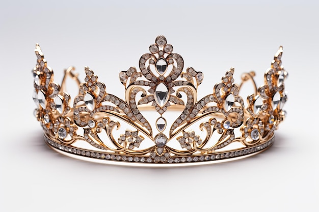 Une couronne de princesse faite d'or et de diamants sur fond blanc