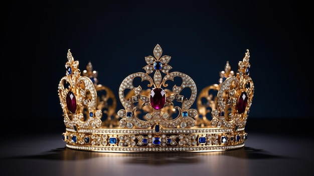 Une couronne de reine détaillée en or isolée sur un fond plat décorée de bijoux précieux