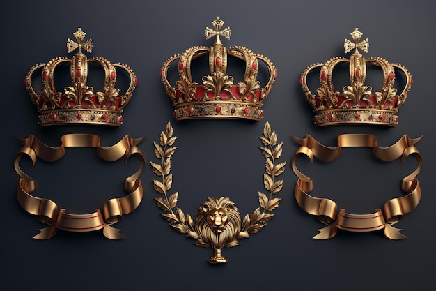 Couronne d'un roi avec une couronne de laurier trompette lion et ruban jeu d'icônes modernes 3D