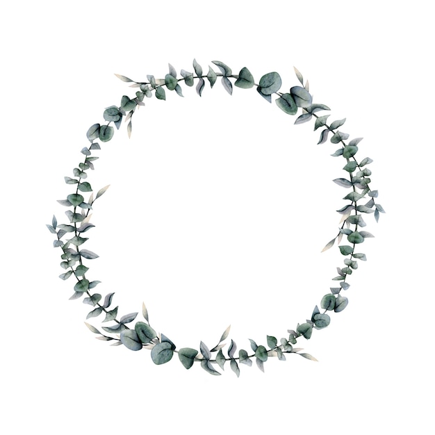 Couronne ronde d'aquarelle d'eucalyptus avec des branches de dollar en argent avec espace de copie pour le texte