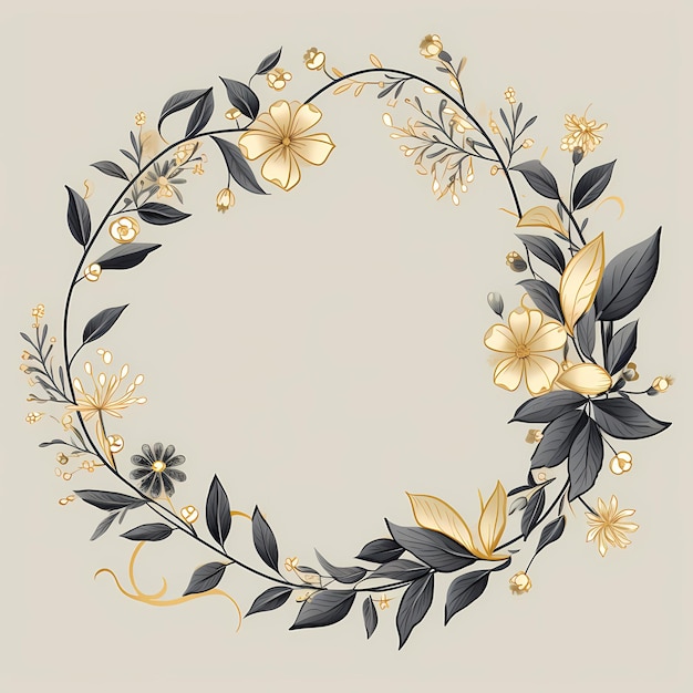 une couronne ronde avec des fleurs et des feuilles est peinte en or.