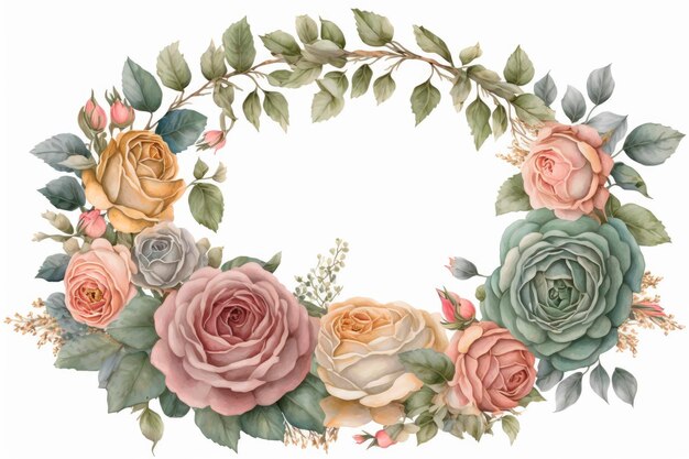 Couronne de roses aquarelle fleurs romantiques avec palette de couleurs pastel isolé sur fond blanc