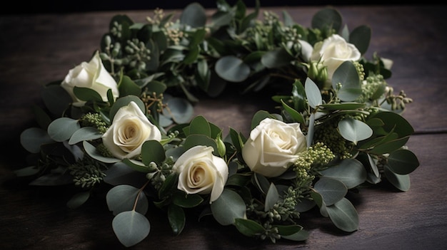 Une couronne de roses blanches est posée sur une table.