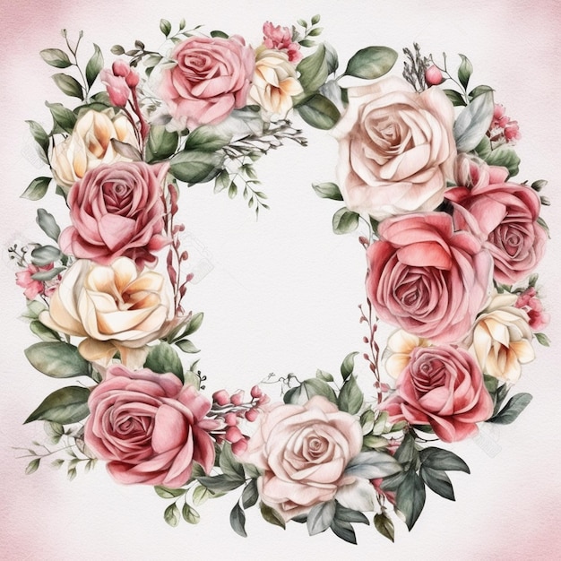 Couronne de roses roses et blanches sur fond rose.