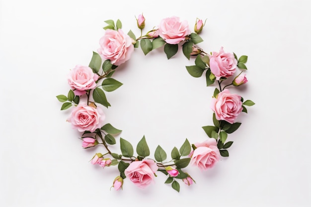 Une couronne de roses roses sur fond blanc