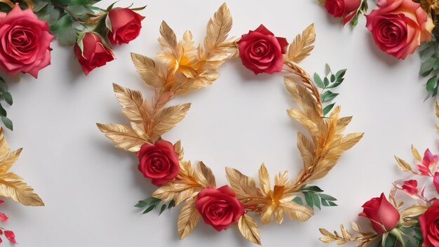 Photo une couronne de roses rouges et de plumes dorées