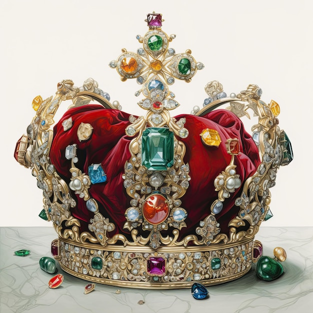 Une couronne royale sur fond blanc ornée de diamants et de bijoux en émeraude Generative AI