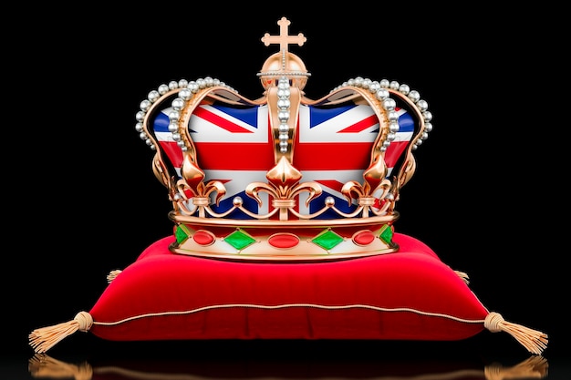Photo couronne royale d'or avec le drapeau du royaume-uni sur l'oreiller vilvet rouge sur fond sombre