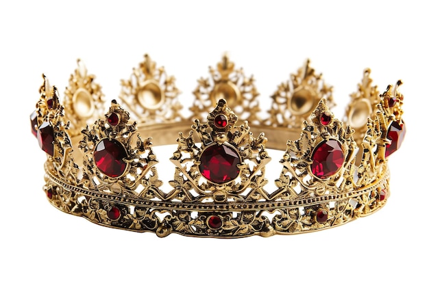 Photo couronne royale en or avec des rubis rouges sur un fond isolé