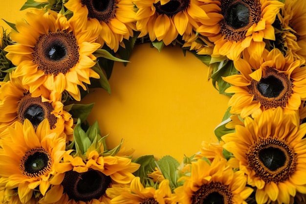 Une couronne de tournesol jaune avec une feuille verte dessus.