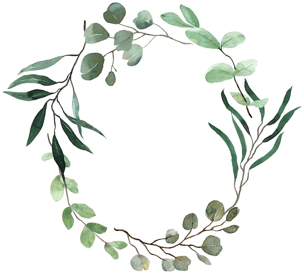 Couronne de verdure d'été. Eucalyptus, cadre de verdure de printemps. Cadre d'invitation florale de mariage. Cadre vintage aquarelle.