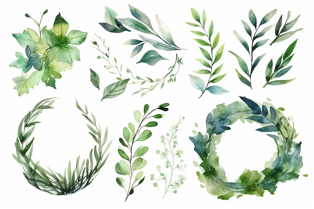 Couronnes aquarelles avec feuilles vertes et branches sur fond blanc